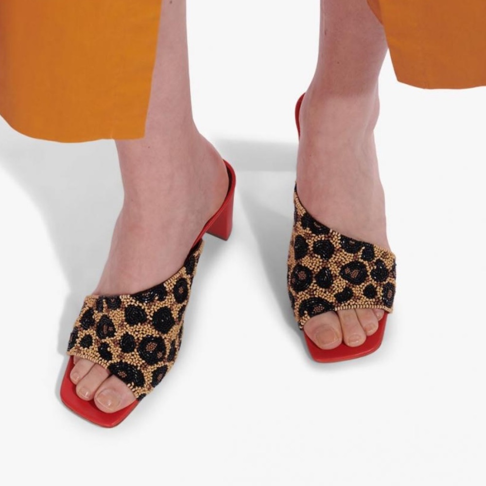 STAUD Red Leopard Beaded Mule Heels